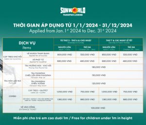 Giá vé 2024 tại SunWorld Fansipan Legend (Áp dụng từ 01/01/2024 – 31/12/2024 cho đến khi có thông báo mới)